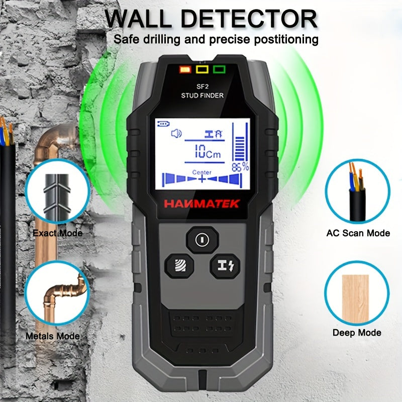 HANMATEK SF2 5-in-1 Handheld Wall Detector detects metal, wood, AC wires and offers electronic measuring. LED/Number display, safe drilling, precise positioning, battery-powered (battery