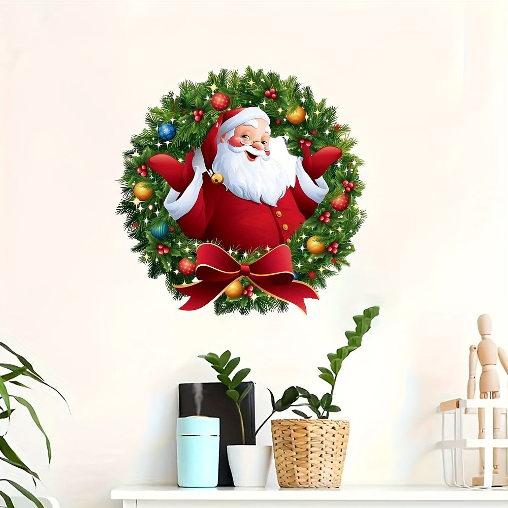 Modern Santa Claus wreath window stickers made from polyvinyl chloride with self-adhesive for easy home decorating. These glossy holiday PVC window clings are reusable and have other embellishment features, with a 2mil thickness.