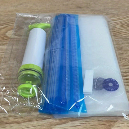 A complete food preservation solution with vacuum bag, pump, sealer clips, and zipper lock. This versatile set includes a hand-drawn vacuum bag with food grade material, perfect for storing and dispensing food. Easily reusable for all your kitchen needs.