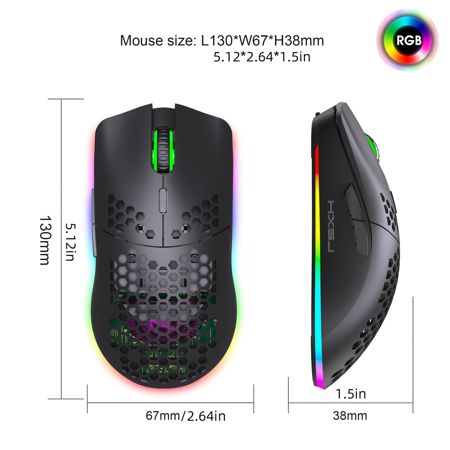 Wireless gaming mouse with RGB lighting, rechargeable, honeycomb design, USB plug & play, and right-handed comfort in white.