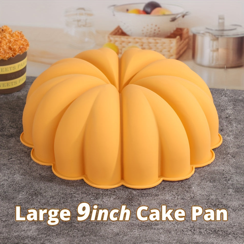 Large pumpkin-shaped non-stick food grade silicone mold for baking, perfect for gelatin, bread, jelly, and chiffon. Soft and easy to release. Diameter: 22.86 cm.