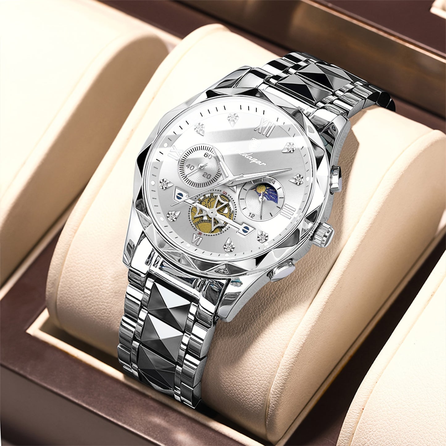 New luxury stainless steel waterproof watch for men and women, perfect for leisure and business, ideal gift for both genders.