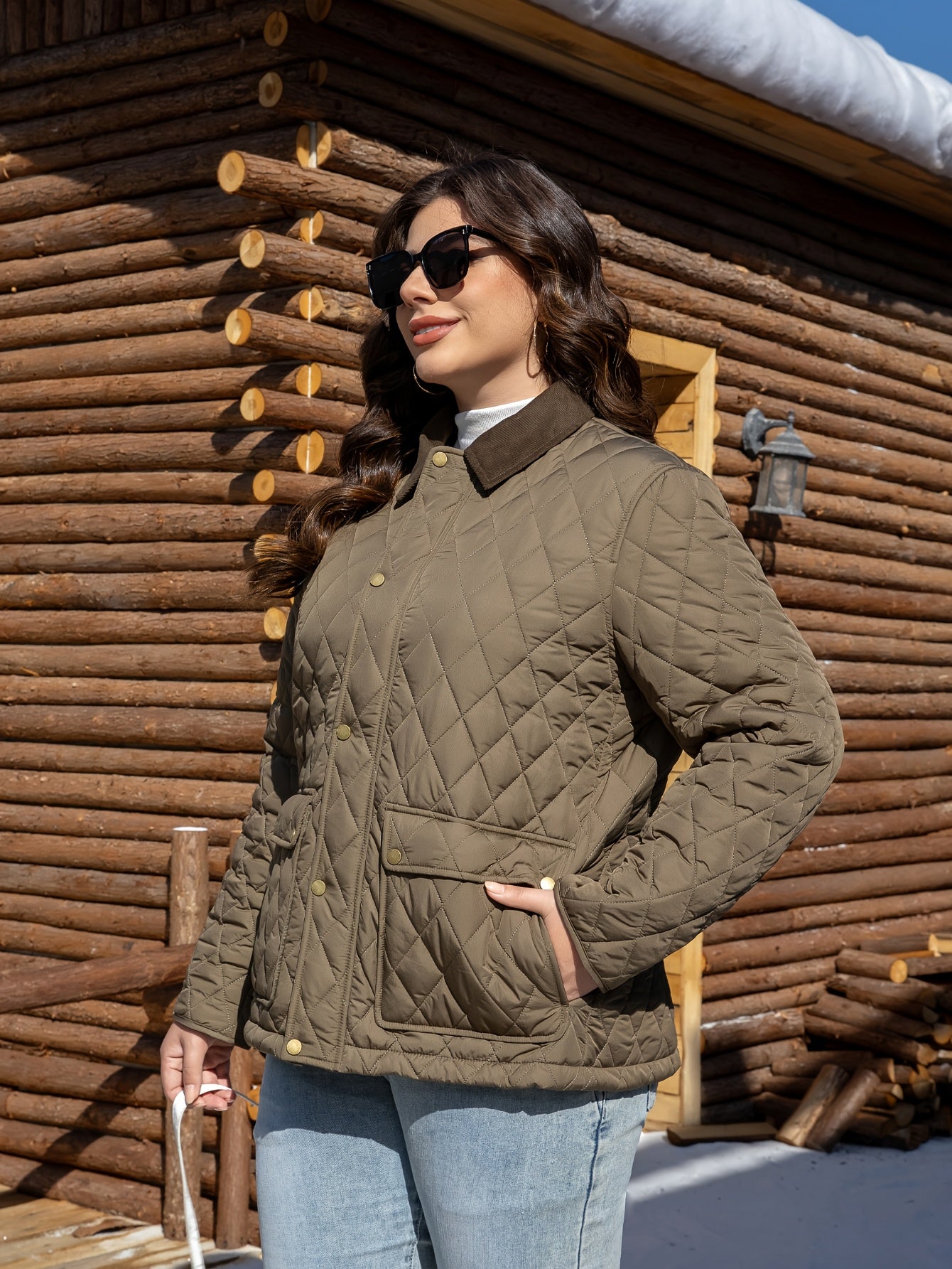 Stylish plus size lapel jacket in warm polyester with pockets for fall/winter. Quilted design, machine washable, and durable for everyday wear.