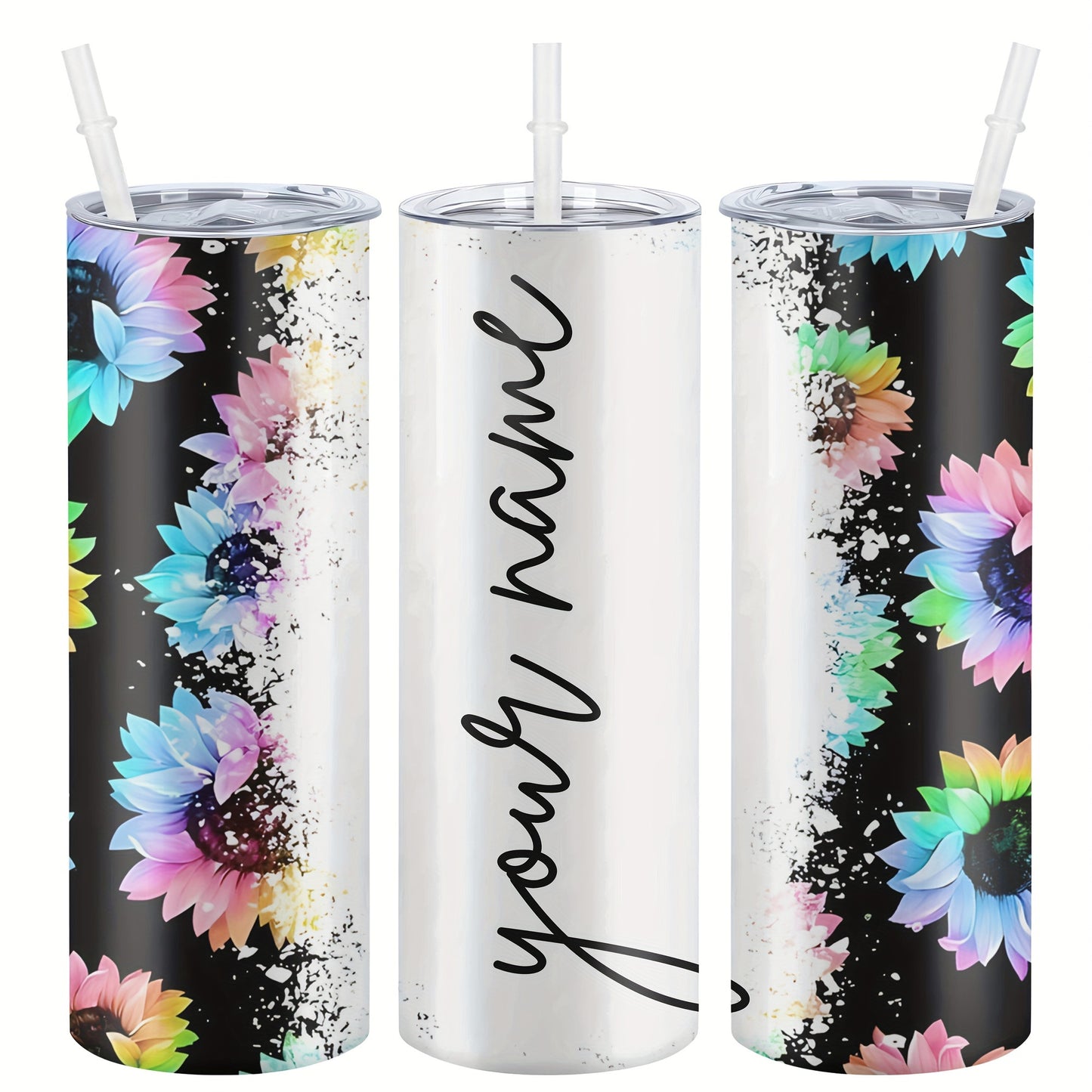 Customized sunflower stainless steel water bottle, 20oz with lid and straw, BPA-free, shatterproof, machine washable, perfect for outdoor travel and Valentine's Day gift.