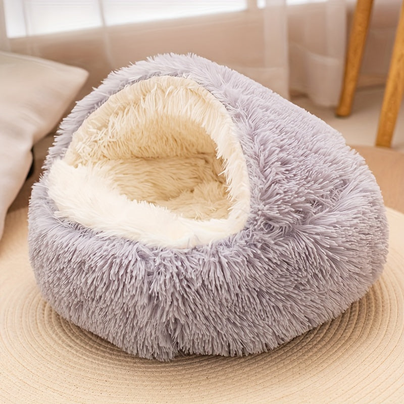 Plush long-haired small animal bed with detachable cover. Round, fluffy and comfortable for cats and dogs. Keeps pets warm in winter, improves sleep quality. Non-slip and foldable support