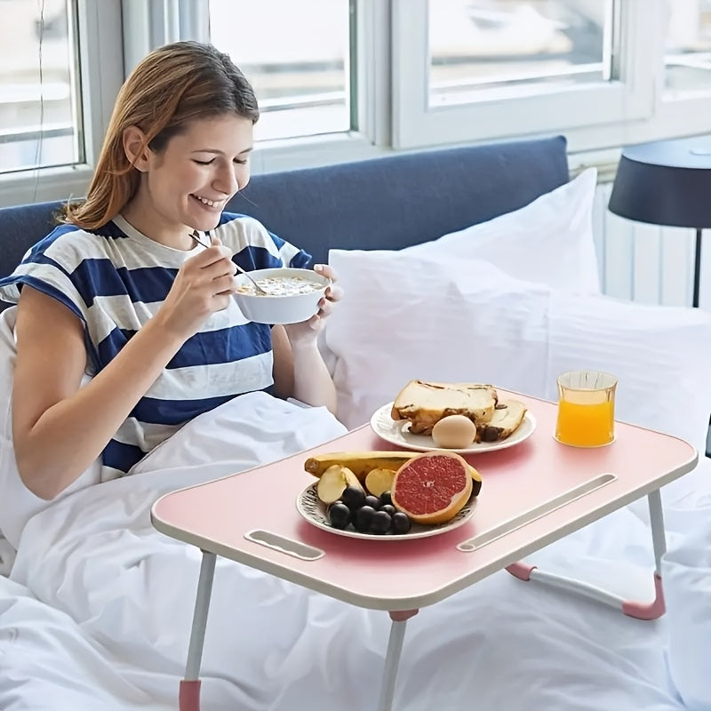 Large portable laptop bed table with cup holder and drawer, ideal for eating, reading, and writing in bed or on sofas.