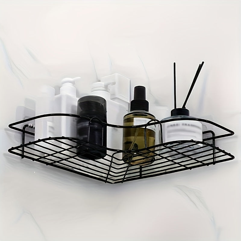 Compact corner shelf for easy installation without drilling, ideal for organizing bathroom and kitchen essentials.