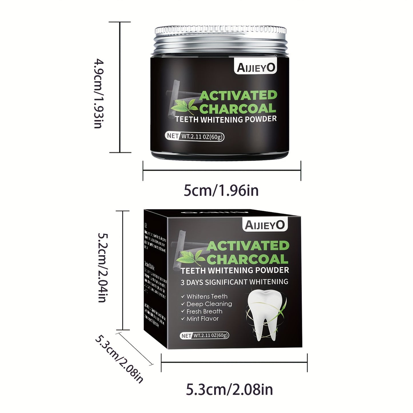 Charcoal teeth whitening powder with mint flavor freshens breath, brightens smile, and naturally whitens teeth and gums.