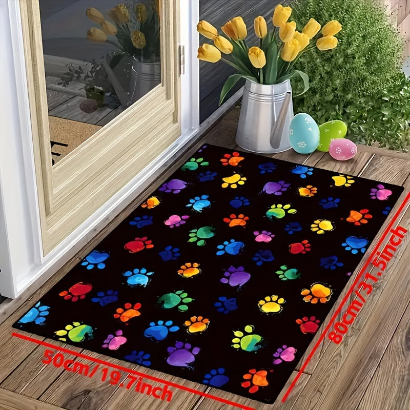 Vibrant Paw Print Door Mat with Non-Slip Backing - Resistant to Oil, Water, and Stains, Perfect for Entryways, Kitchens, Living Rooms, Laundry Rooms, and Bathrooms - Easy to Clean Polyester Rug for Home Décor