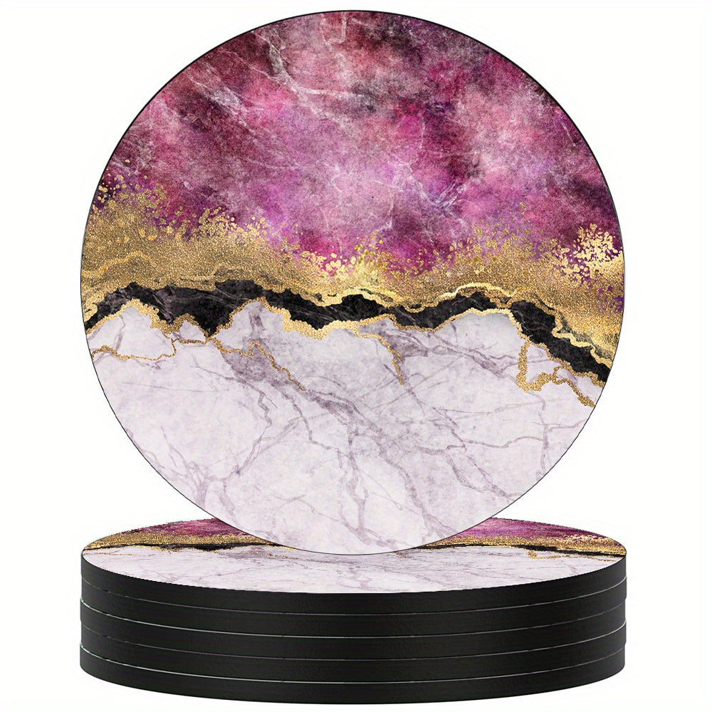 6 luxury golden marbling coasters with absorbent rubber and non-slip backing, perfect for home decor or as a housewarming gift. 10.16cm round.