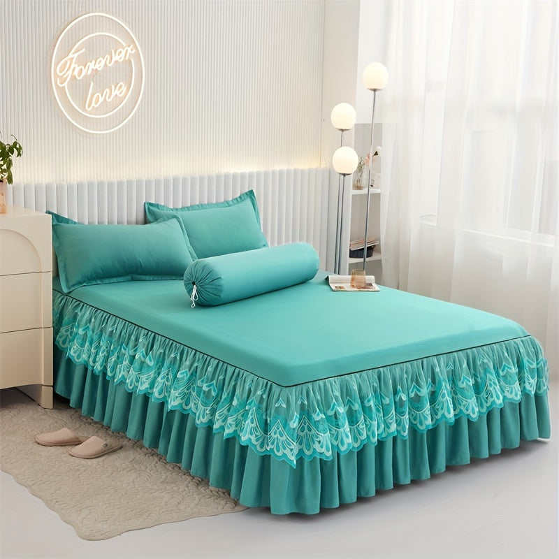 Chic 3-Piece Bed Skirt Set Featuring Double Layer Lace - Comes with 1 Bed Skirt and 2 Pillowcases, in a Solid Color. Non-Slip and Perfect for All Seasons, this Set is Machine Washable for easy care.