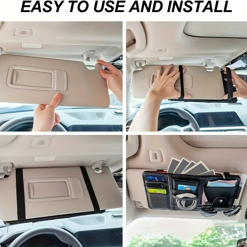 Car sun visor storage box with multiple functions: sunglasses organizer, card pouch, interior accessory.