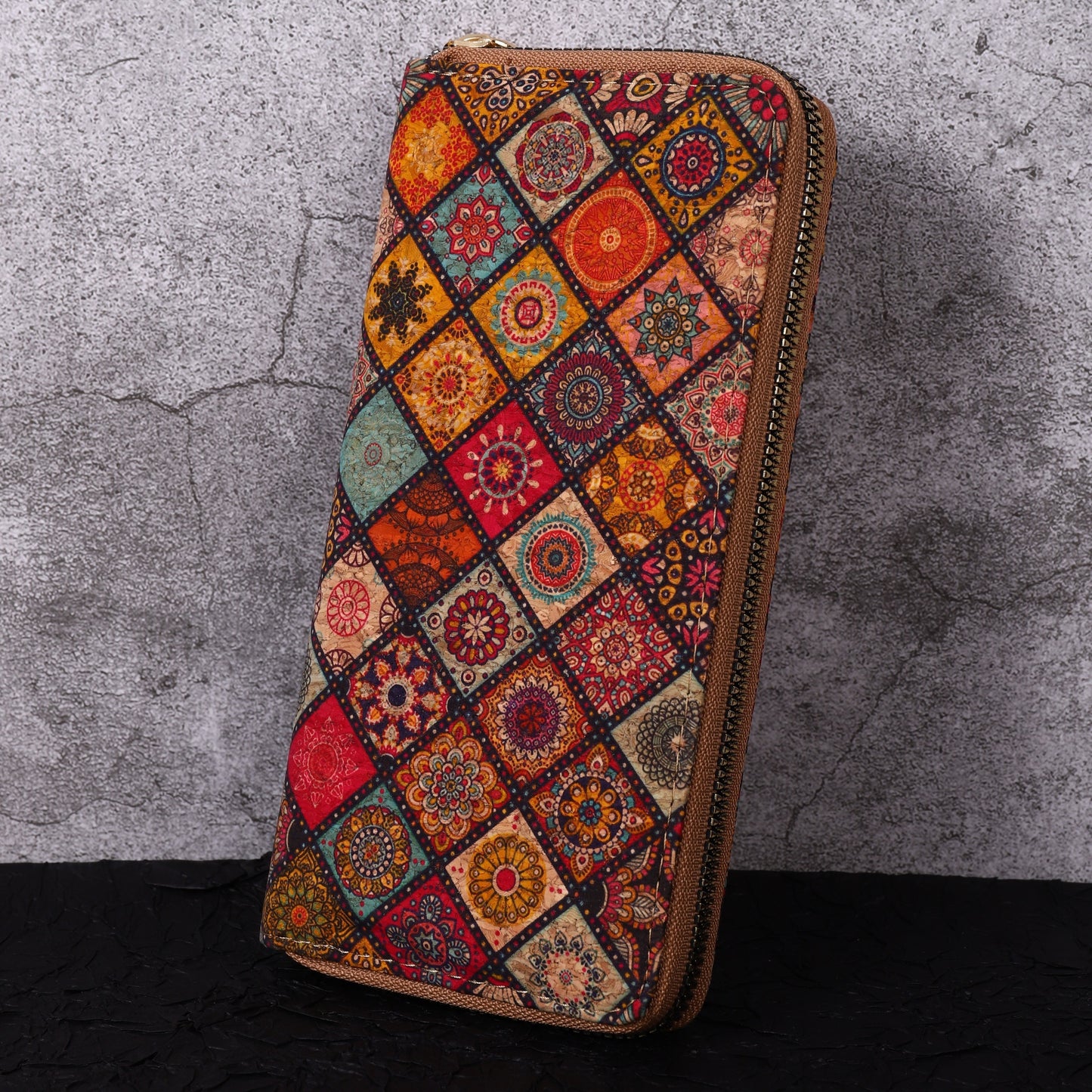 Ethnic style long wallet with floral design and multi card slots made of retro vegan leather.