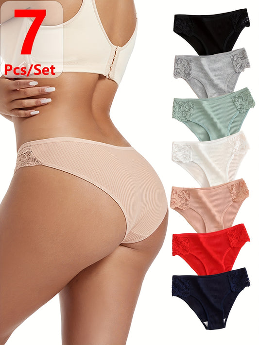 High waist seamless panties for women in a 7-pack set, made with spandex and breathable lace trim. Features sport comfort and a no-show design in assorted colors.