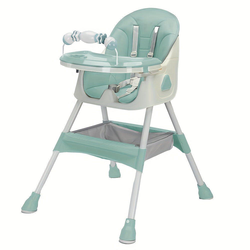 The Modern Portable Children's High Chair is a versatile and adjustable eating and playing chair with a table attachment for toddlers. It is designed to provide a high seat for infants and babies during mealtime, complete with a food plate. It makes a