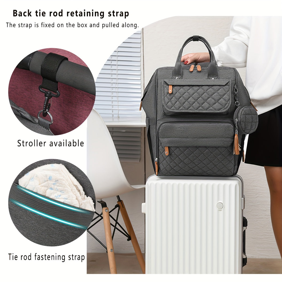 Portable mom storage backpack with large capacity and multiple compartments for diapers and milk bottles.