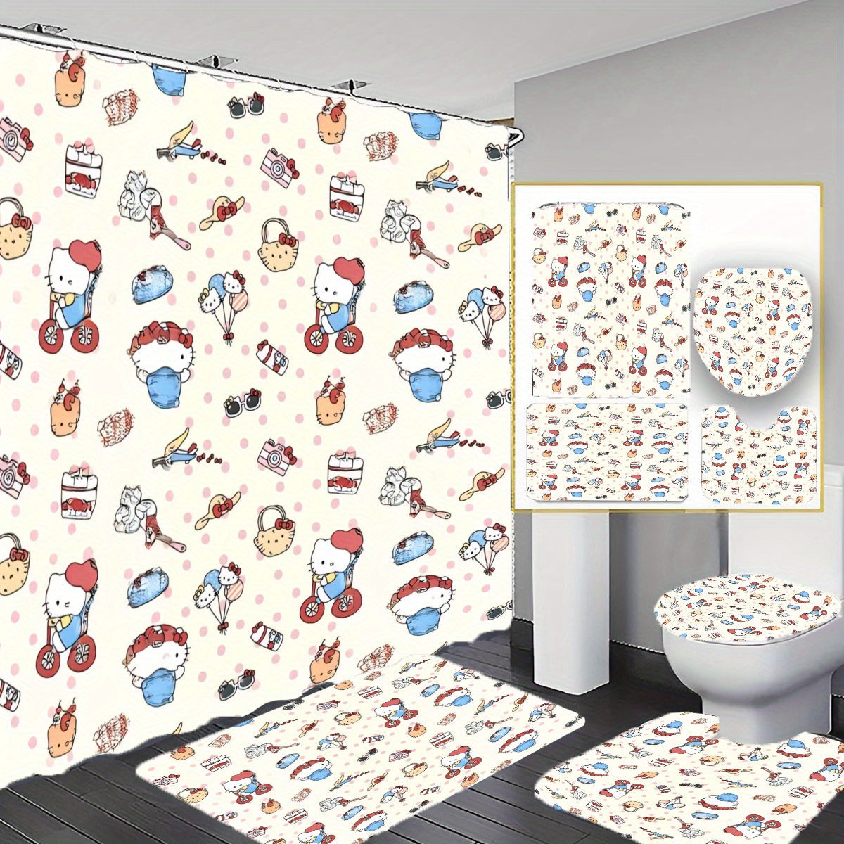 Get the perfect gift for Valentine's Day, Christmas, or New Year with the Hello Kitty 4pcs Bathroom Decor Set! This set includes a waterproof shower curtain with 12 hooks, a non-slip rug, toilet U-pad, and seat cover.