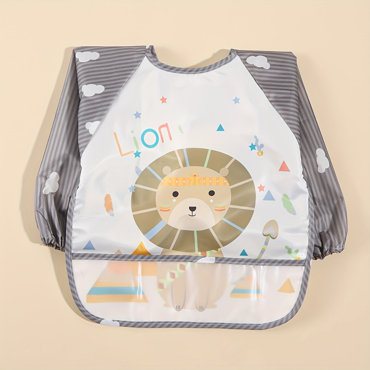 Long-sleeved Waterproof Feeding Bib with Adorable Cartoon Design, Reversible Wear Option.