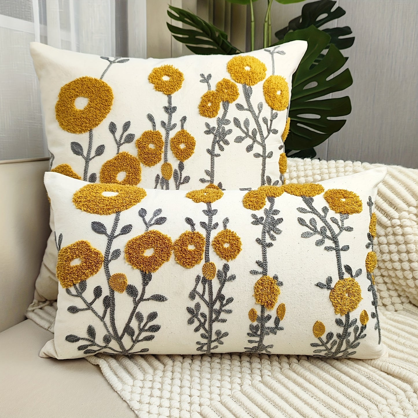 Boho floral tufted throw pillow cover - embroidered cotton for couch, sofa, bed - soft and stylish.