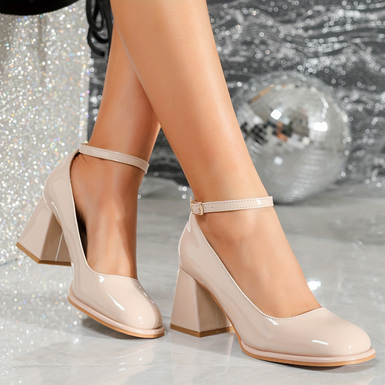 New fashion thick heel high heels with pearlescent paint and zipper buckle for women in 2024.