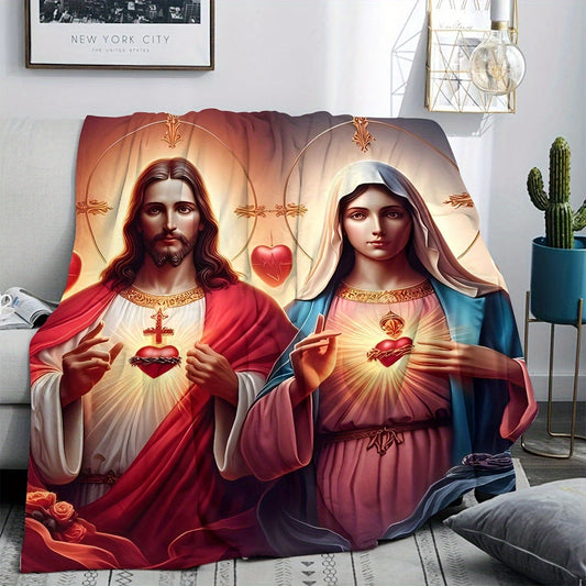 Introducing the 1pc Mary Jesus Ultra-Soft High-Definition Digital Printed Blanket! This blanket is comfortable, lightweight, and machine washable, making it perfect for any season. Use it on your sofa, bed, or in the office for a quick nap. This