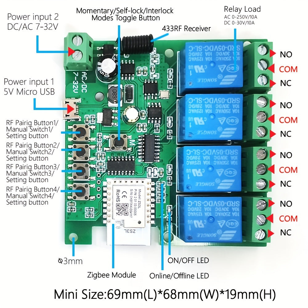 4-way Zigbee relay for switches, remote control, AC85V-250V/USB5V, up to 2200W/10A