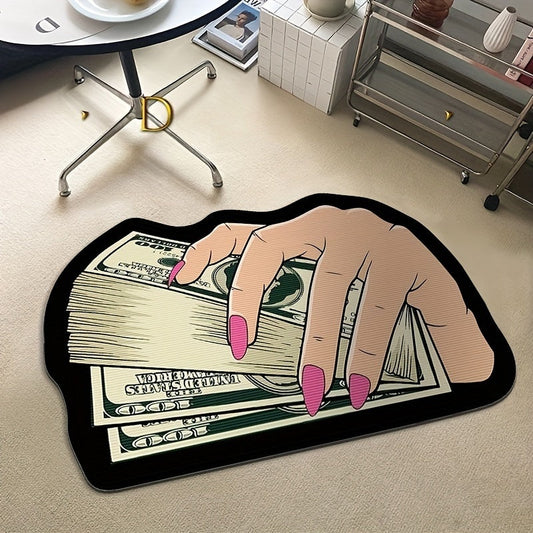 One piece of a light area rug with a non-slip backing, featuring a bill and hand pattern. This special-shaped decorative floor mat is a cute cartoon doormat, perfect for decorating the living room, bedroom, bathroom, playroom, dormitory, or entryway.