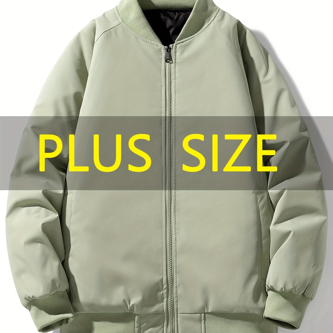 Men's plus size casual jacket with baseball collar, zip pockets, loose fit, solid color polyester.