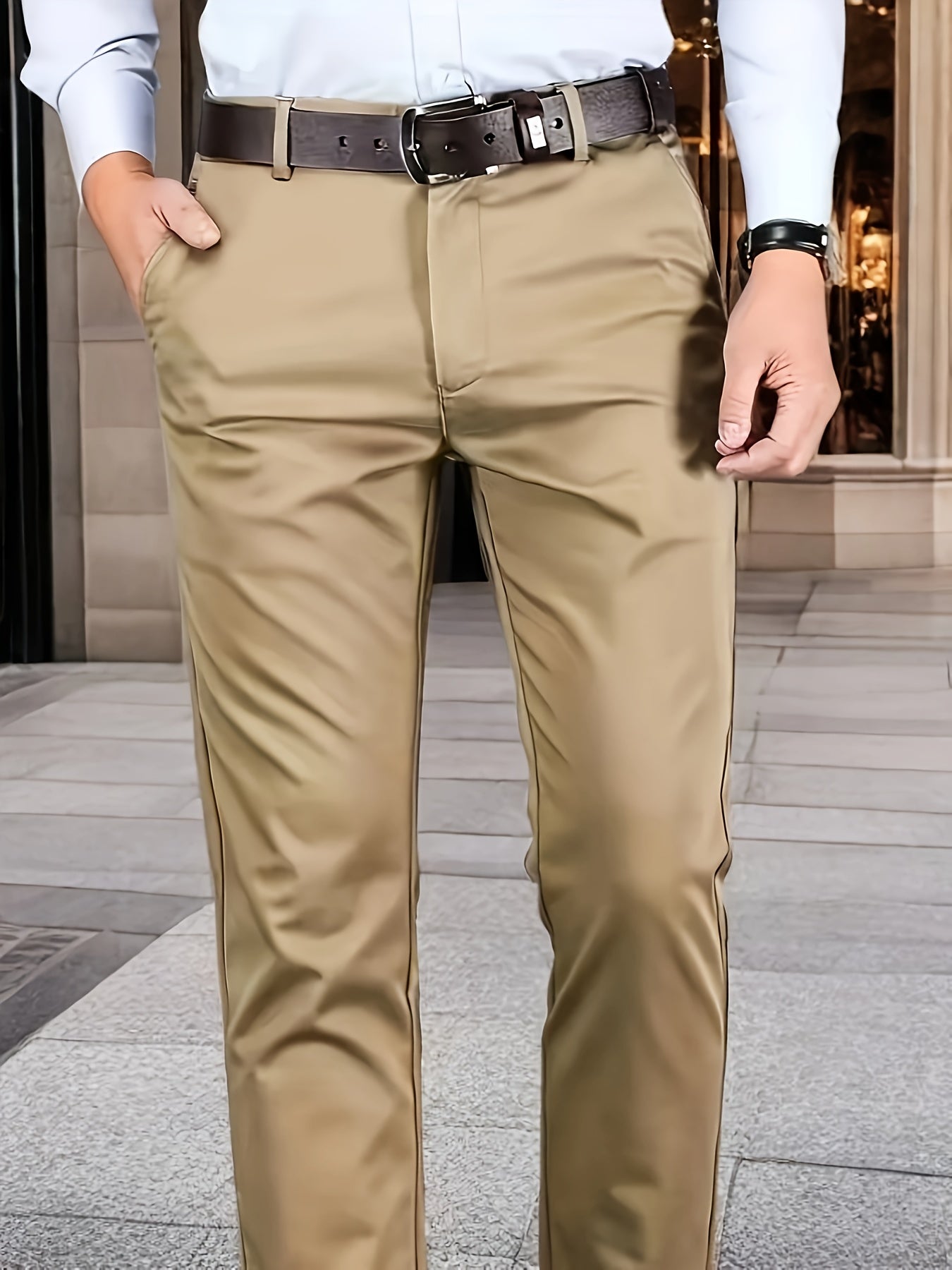 Men's formal solid color stretch dress pants with classic design for business