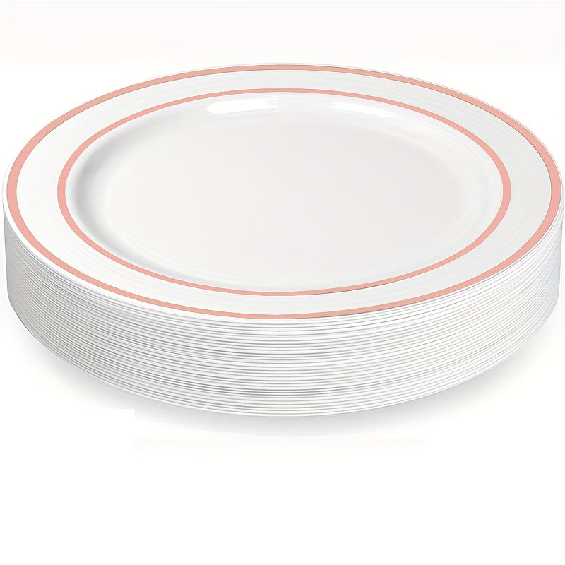 25-50 pieces of golden plastic party plates, measuring 19.05-26.04 cm each. These disposable plates are made of premium heavy-duty plastic, perfect for serving dinner and appetizers at parties and weddings.