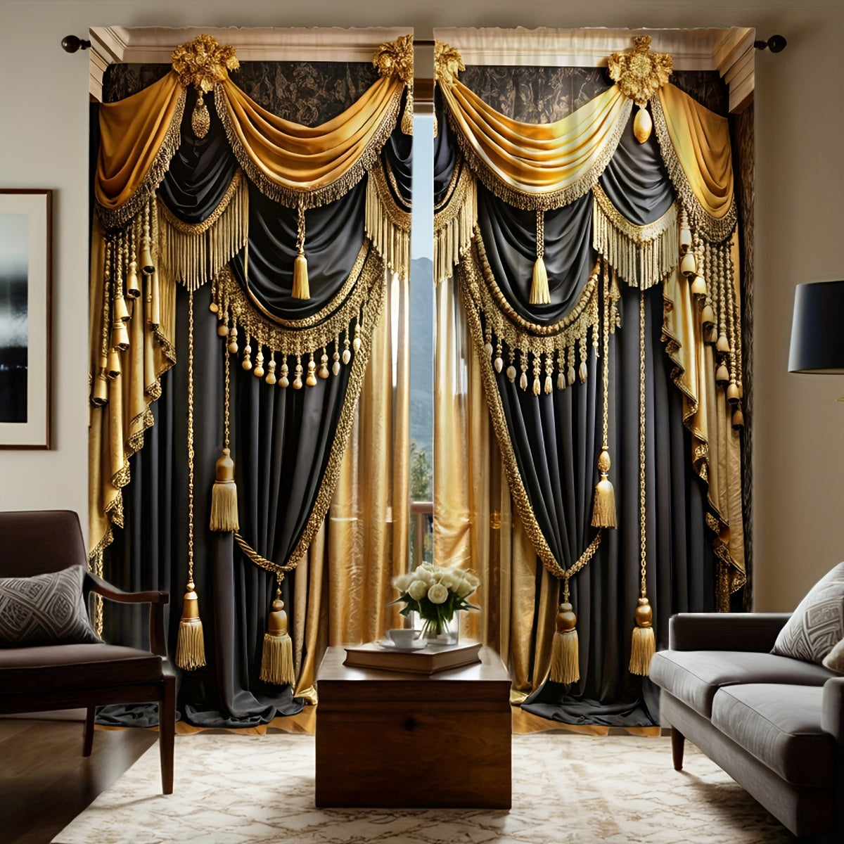 2pc Luxurious Black & Golden Valance Curtains with Elegant Rod Pocket Design, Semi-Transparent Polyester Fabric. Machine washable, perfect for living rooms or bedrooms. Ideal for study room