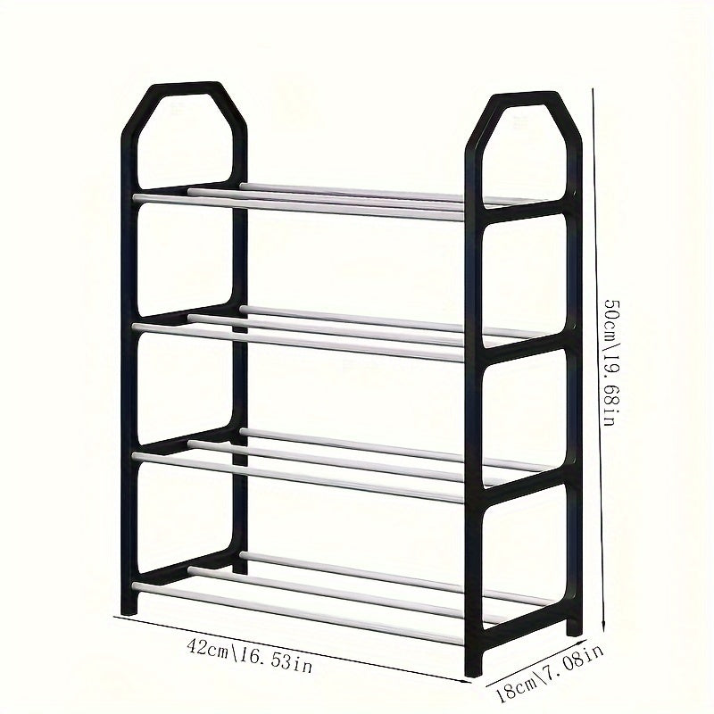 Organize your shoes with this plastic shoe rack featuring 4 tiers. No electricity required, simply floor mount it for a space-saving solution in your entryway or closet.