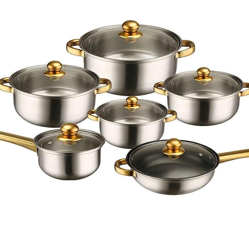 Stainless Steel Cookware Set with 12 Pieces, Includes Versatile Kitchen Pots and Pans, Compatible with Induction Cooktops, Featuring Golden Handles, Suitable for All Stovetops