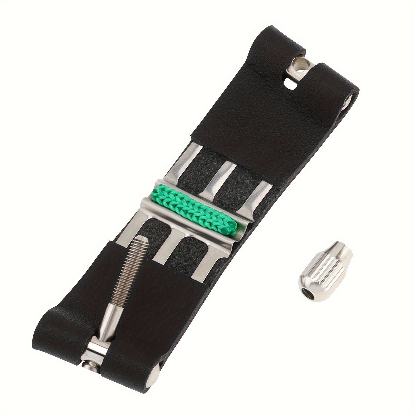 Black faux leather clarinet ligature with adjustable screws and shock-absorbing fastener for B flat clarinet.