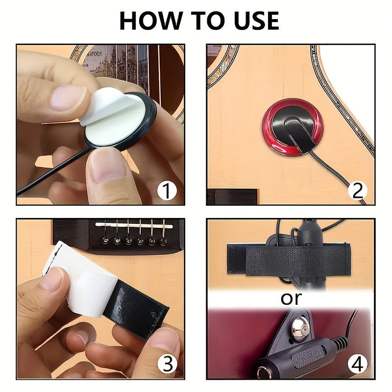 Professional-grade piezoelectric contact pickup for acoustic guitars, ukuleles, karimbas, harps, and banjos - simple installation.