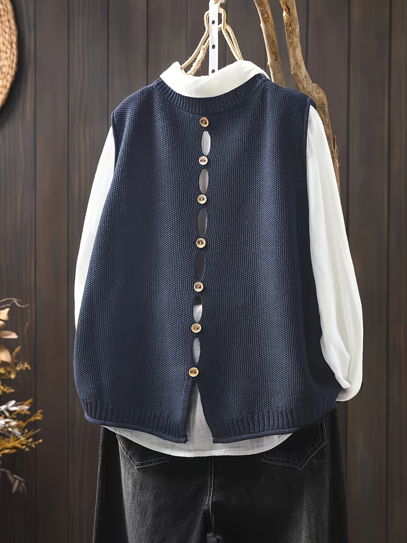 Stylish plus-size vest with solid color and button back design for casual wear.