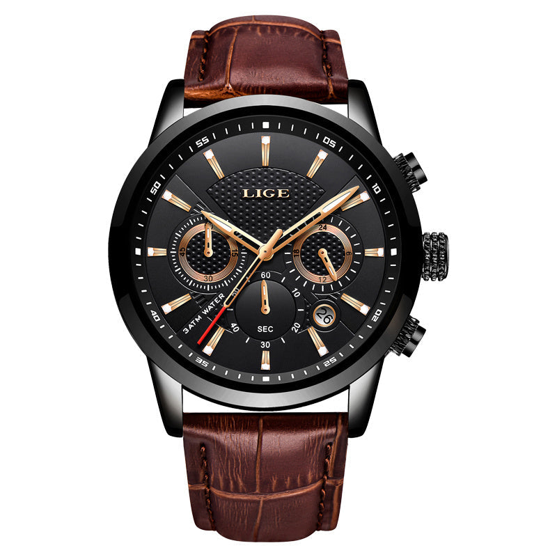 2022 LIGE Top Brand Luxury Casual Leather Quartz Men's Watch for Men - Business Clock with Sporty Chronograph and Date Display