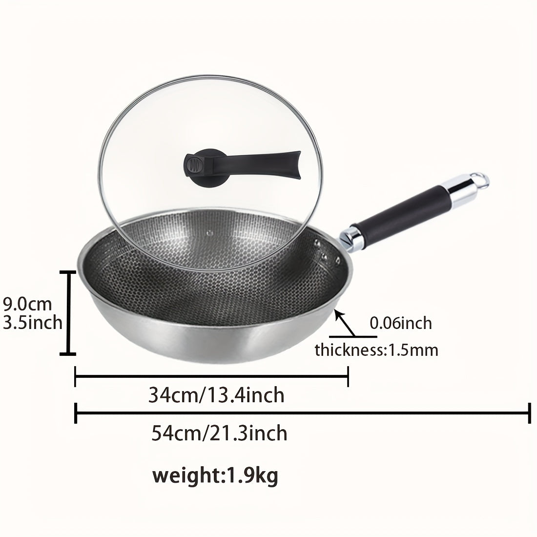 One high-quality stainless steel honeycomb wok with a reinforced glass lid - features non-stick, food-safe cast iron and a standable design for convenient storage.