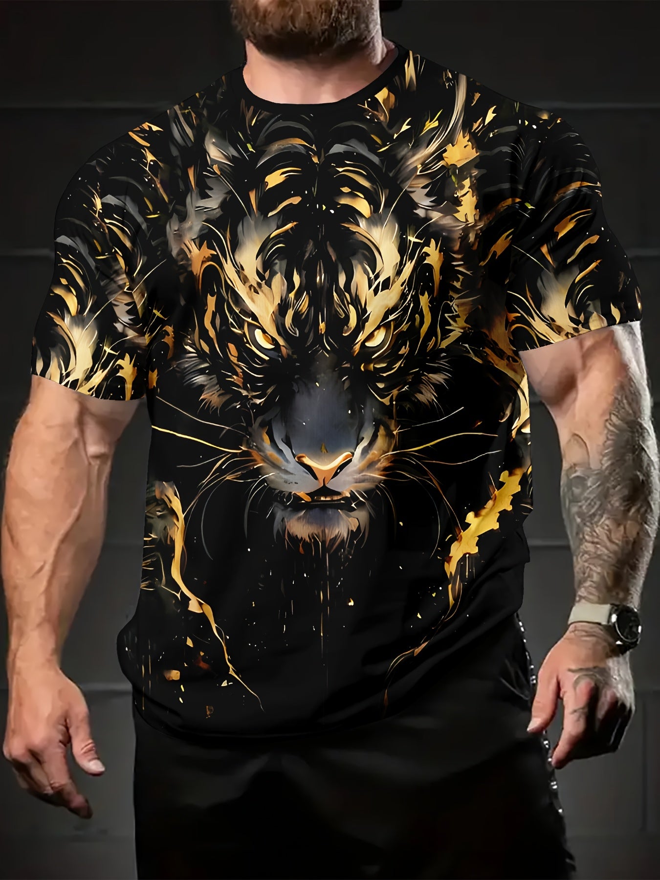 Men's casual crew neck t-shirt with black and golden oil tiger print, made of polyester knit fabric with slight stretch, ideal for daily and weekend wear.