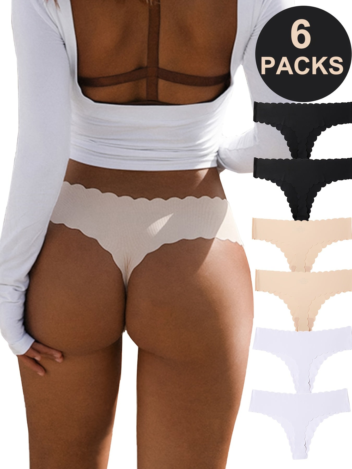 6 Seamless Scallop Trim Thongs: Soft, Stretchy Intimates for Women.