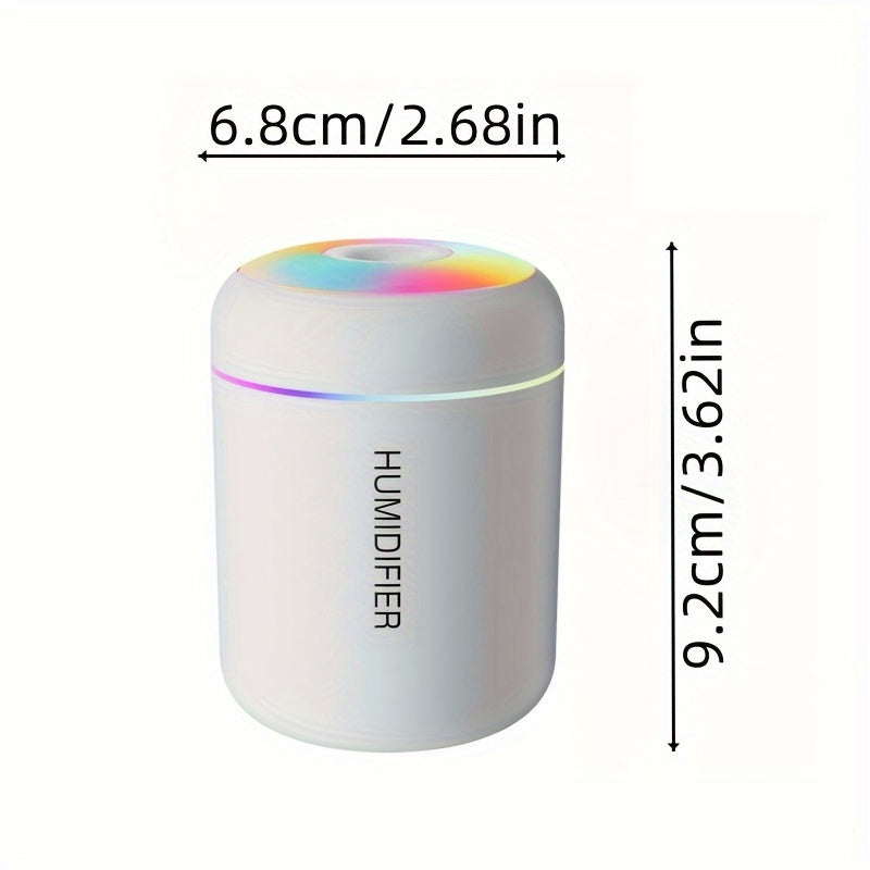 Compact USB-powered humidifier with 7-color LED lights, ideal for women to use in bedroom, car, home, and dorm.