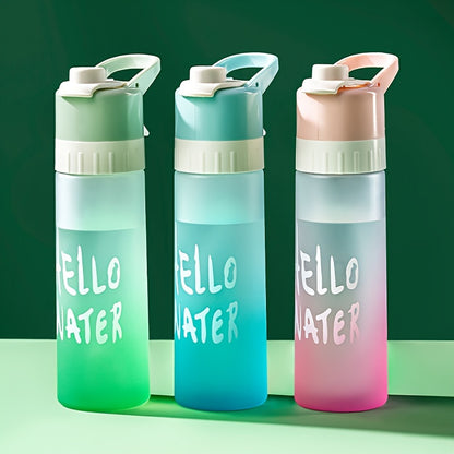 Large capacity gradient sports water bottle with spray function, made of durable PP, essential for summer cooling. Available in blue, green, or pink with "HELLO WATER" motif.