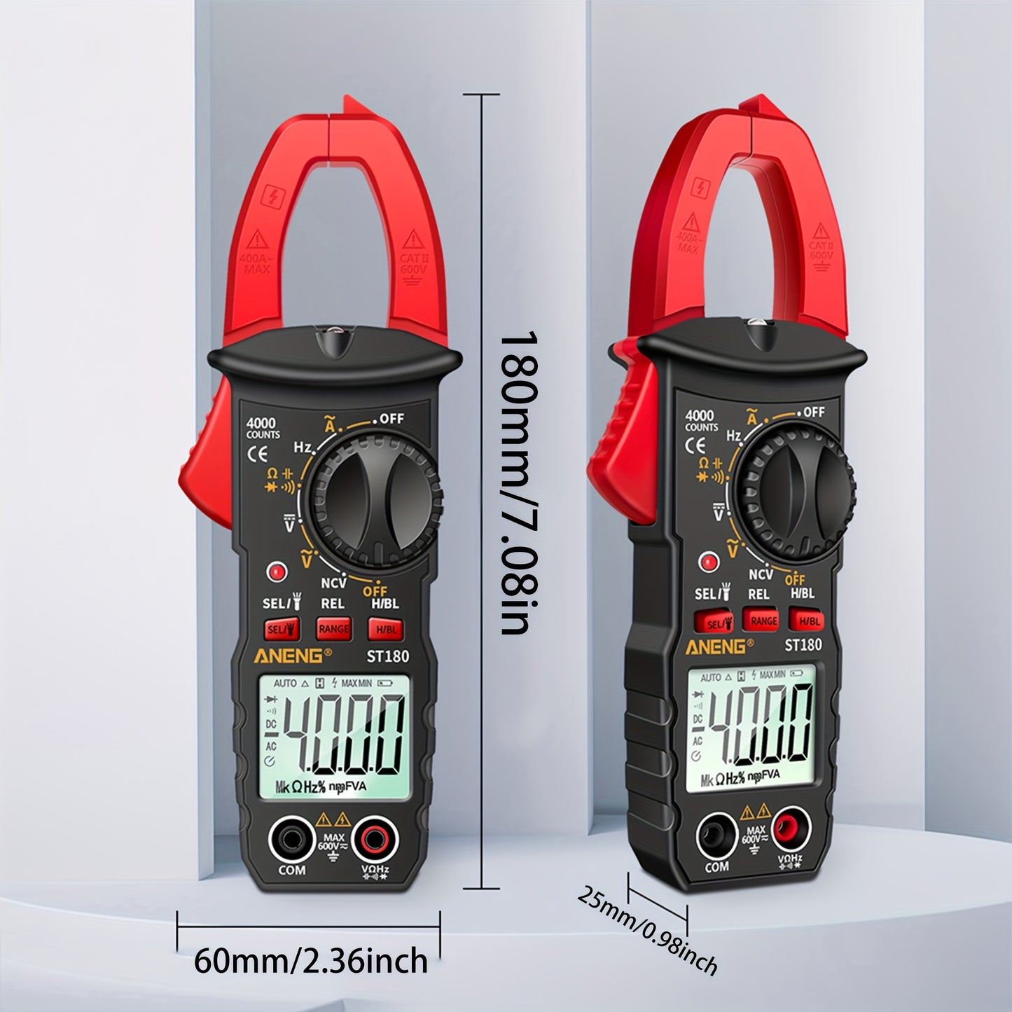 1 Set Clamp On Multimeter Ammeter Set with Measuring Pen, Flashlight, ST180 4000 Count, Buzzer, Measuring Current, Voltage, Capacitance, Resistance, NVC Detection, Diode Continuity, Duty