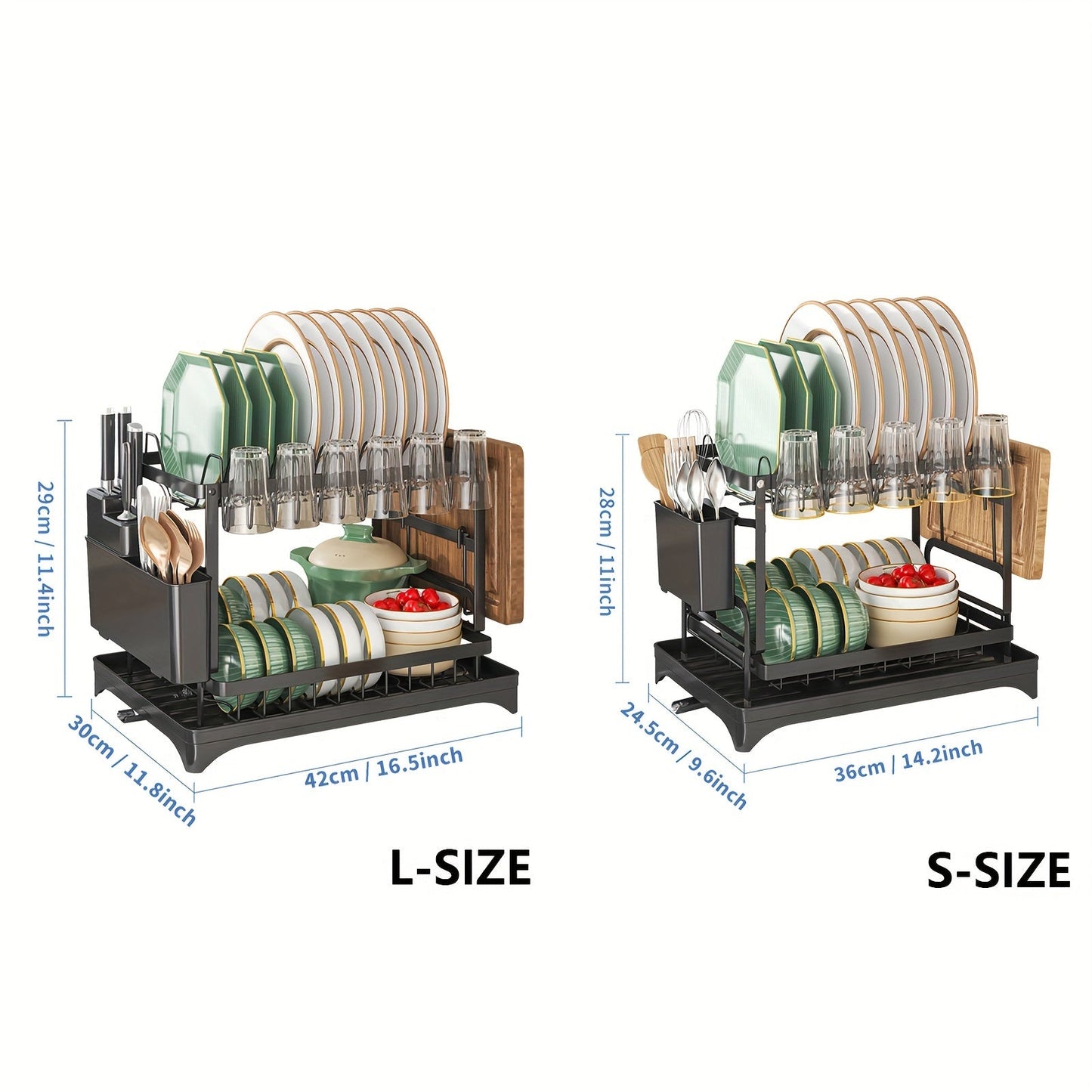 Kitchen Counter Rustproof 2-Tier Dish Drying Rack with Double Layer, Drainboard, and Utensil Holder - Ideal for Kitchen Accessories