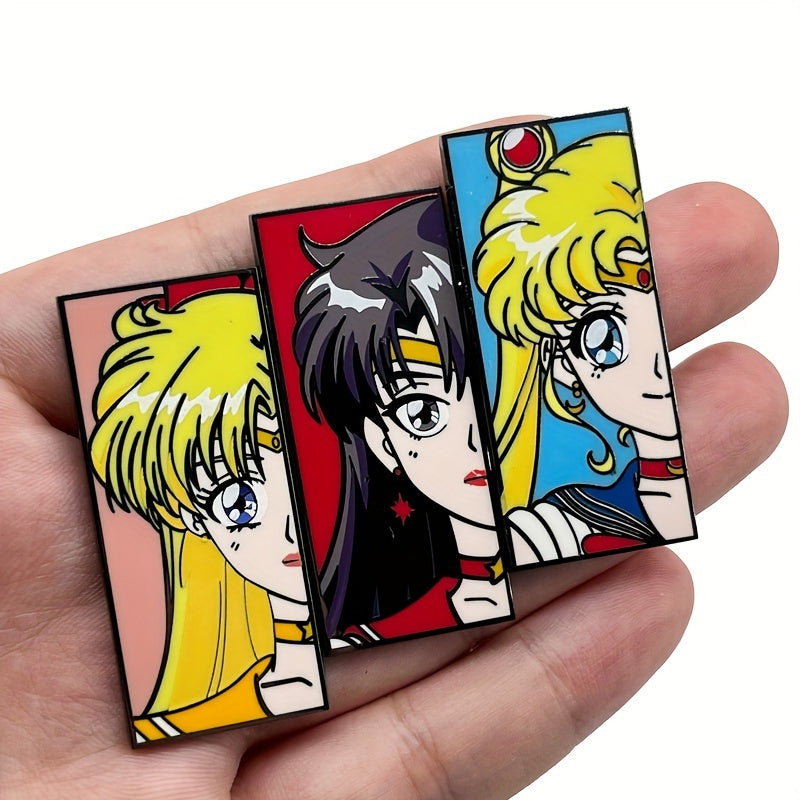 Colorful enamel pin badge with an anime cartoon design for clothing and backpack accessories.