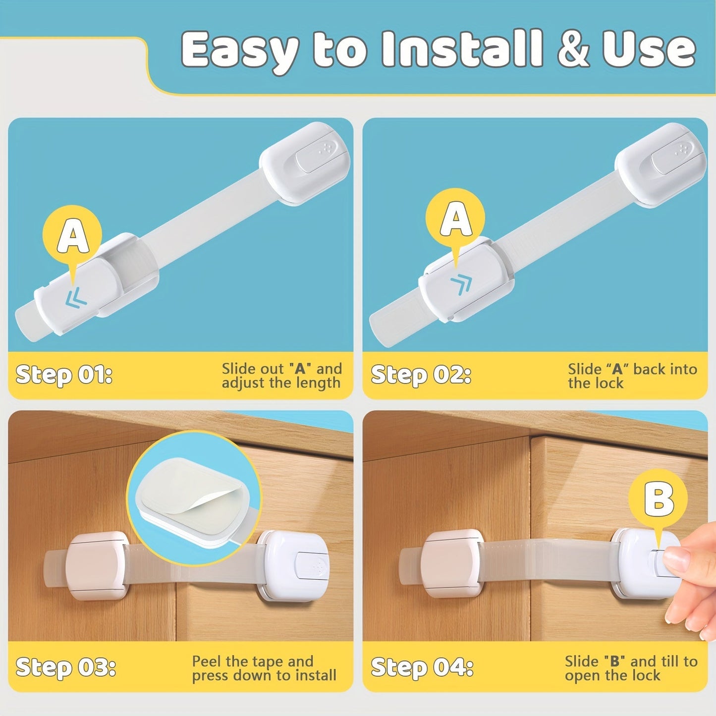 Set of 4 Easy-to-Install Child Safety Locks - Adjustable Cabinet & Drawer Latches for Childproofing, No Drilling Required, Made of Lead-Free White Plastic