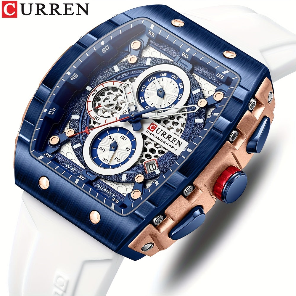 CURREN Sports Chronograph Quartz Watch with Tonneau Pointer, Waterproof Fashion Date Dial, Silicone Band.