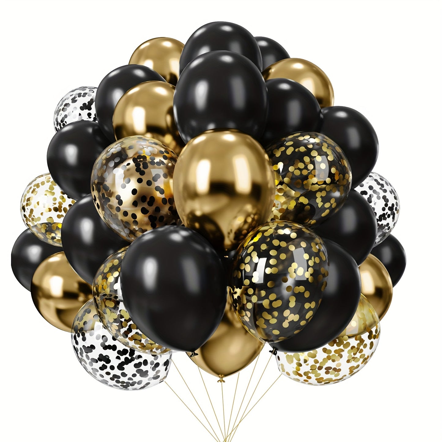 52 Black Golden Confetti Latex Balloons for various celebrations.