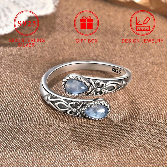 S925 Sterling Silver Moonstone Spoon Ring, Victorian Vintage Style Butterfly Thumb Jewelry, Hypoallergenic Nickel-Free, Adjustable, Bohemian Holiday Theme, Synthetic Stone, Silver Plated, Gift Box Included. Women's Fashion Accessory for Daily Wear and