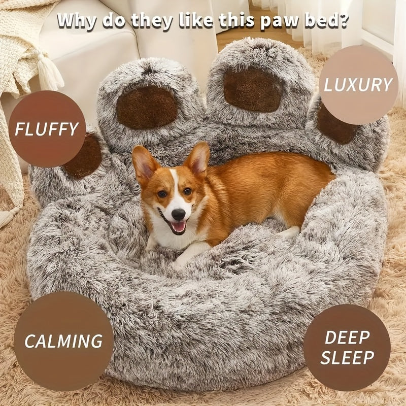 Soft paw-shaped pet bed for small to medium dogs and cats. Warm gray round sofa bed ideal for winter snuggling.